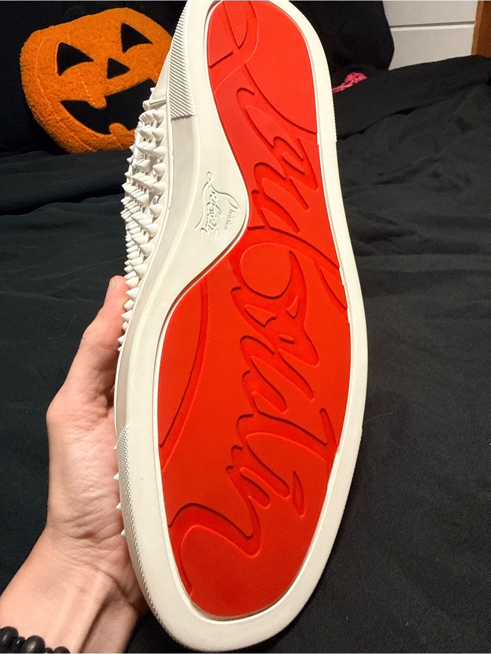Christian Louboutin White Spiked Low-Top Sneaker with Red Sole